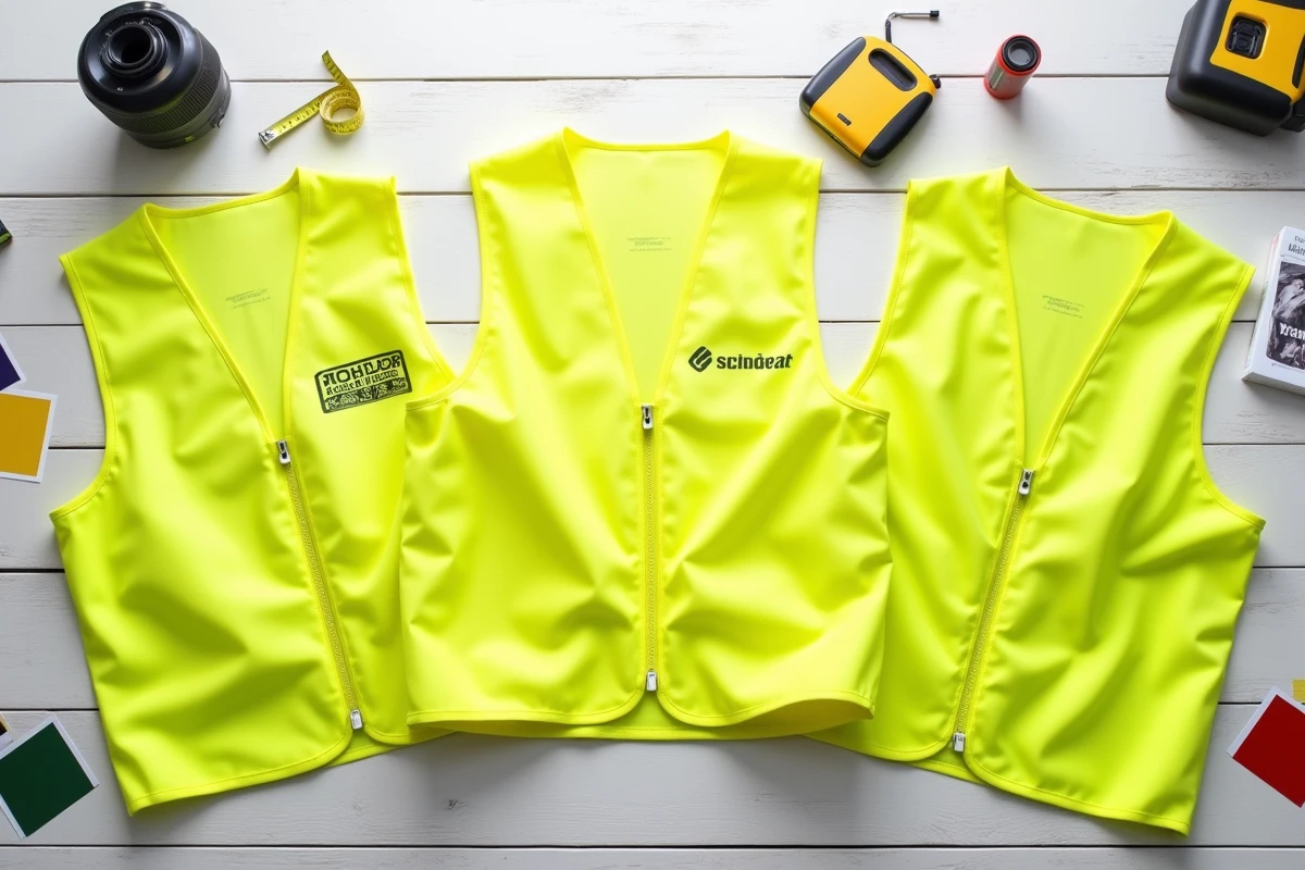Comparaison de trois gilets jaunes de sécurité avec différentes options de personnalisation professionnelle