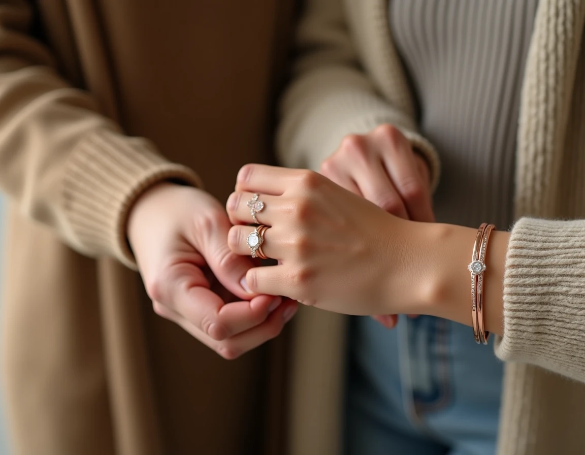 Comparaison de joncs personnalisés en or rose en différentes largeurs sur deux poignets féminins côte à côte