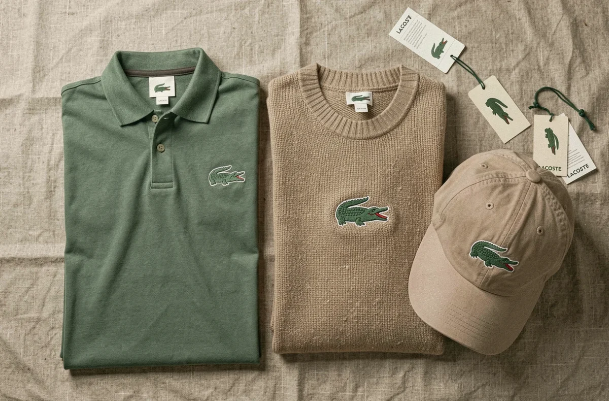 Comparaison des logos Lacoste sur un polo, un pull et une casquette disposés en flat lay, guide d'authenticité