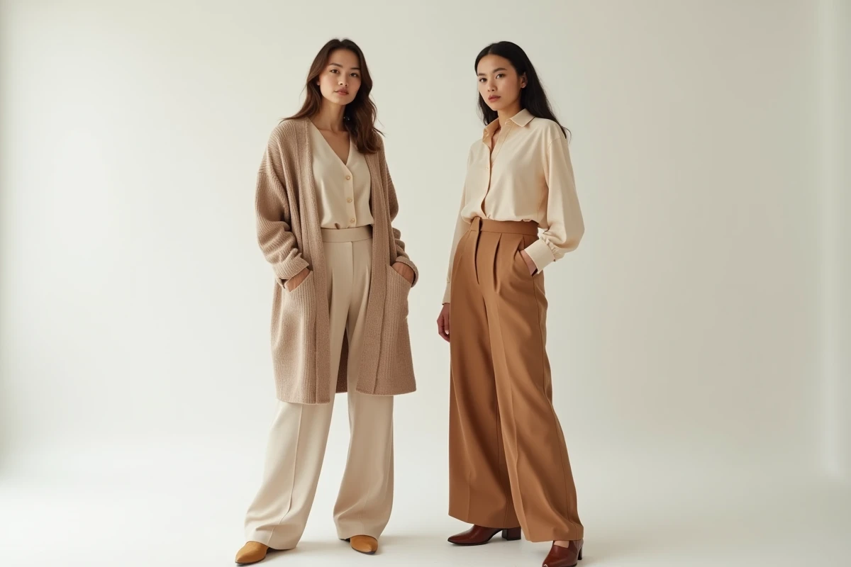 Comparaison côte à côte d'une femme en sarouel wassat beige et d'une femme en pantalon large camel dans un studio