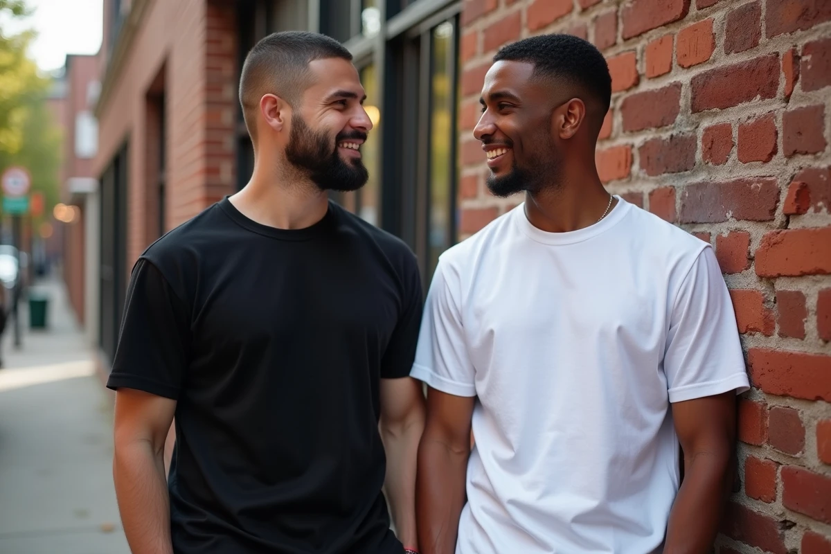 Comparaison t-shirt Drake noir et blanc portés par deux amis côte à côte dans un décor urbain en briques