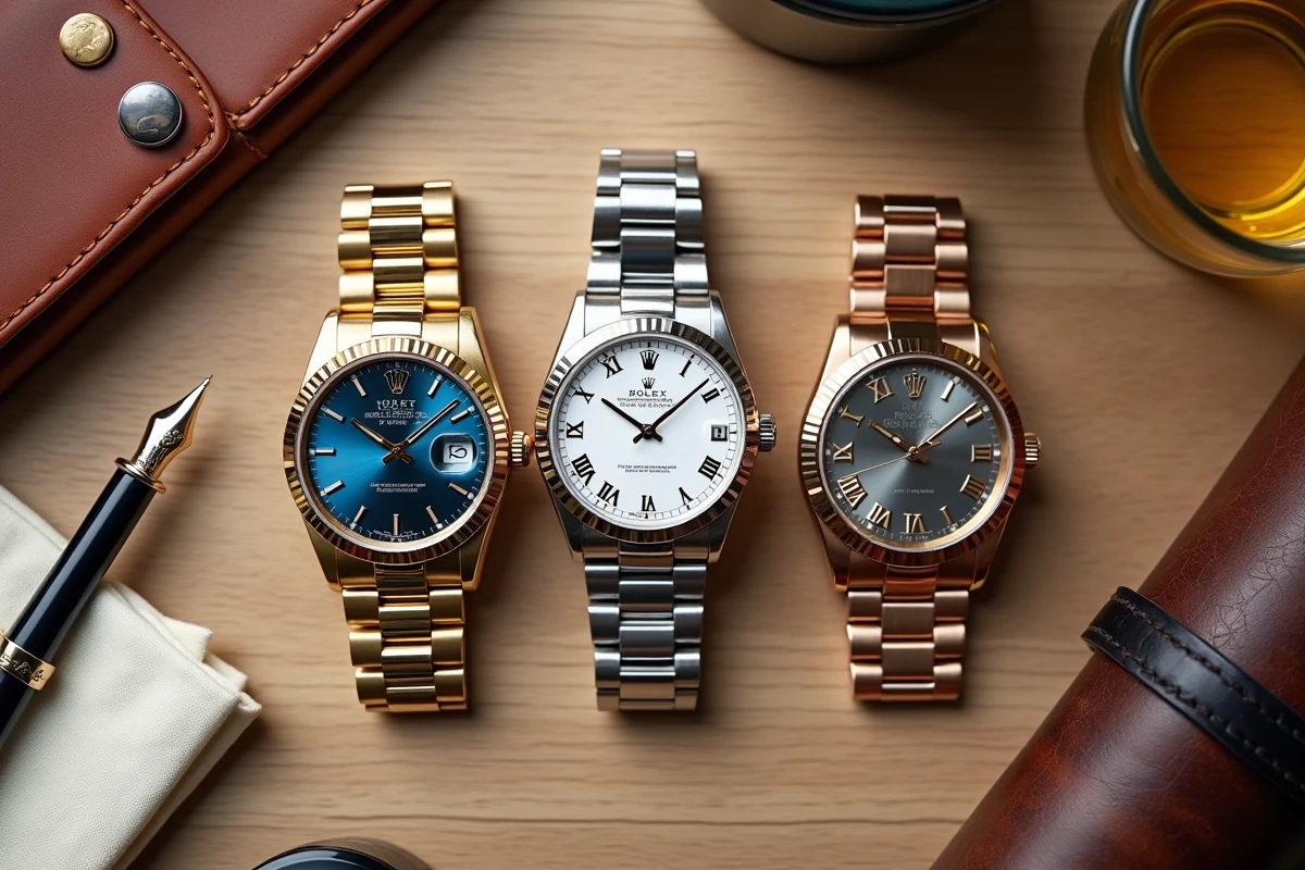 Comparatif de trois configurations Rolex Day-Just en or jaune, acier et Everose posées sur un bureau en chêne avec accessoires de style