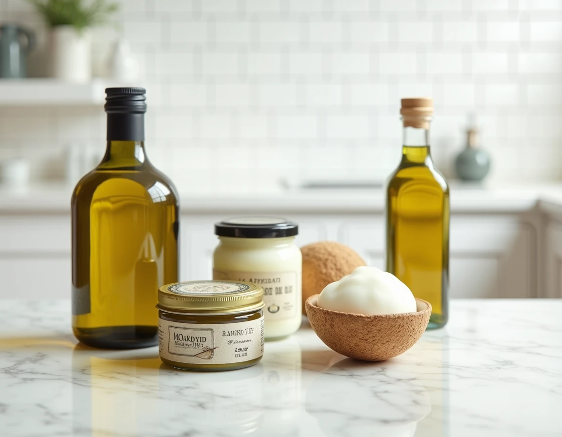 Assortiment de corps gras pour cuisson alignés sur un plan de travail en marbre blanc : huile d'olive, huile de coco, graisse de canard et huile de colza
