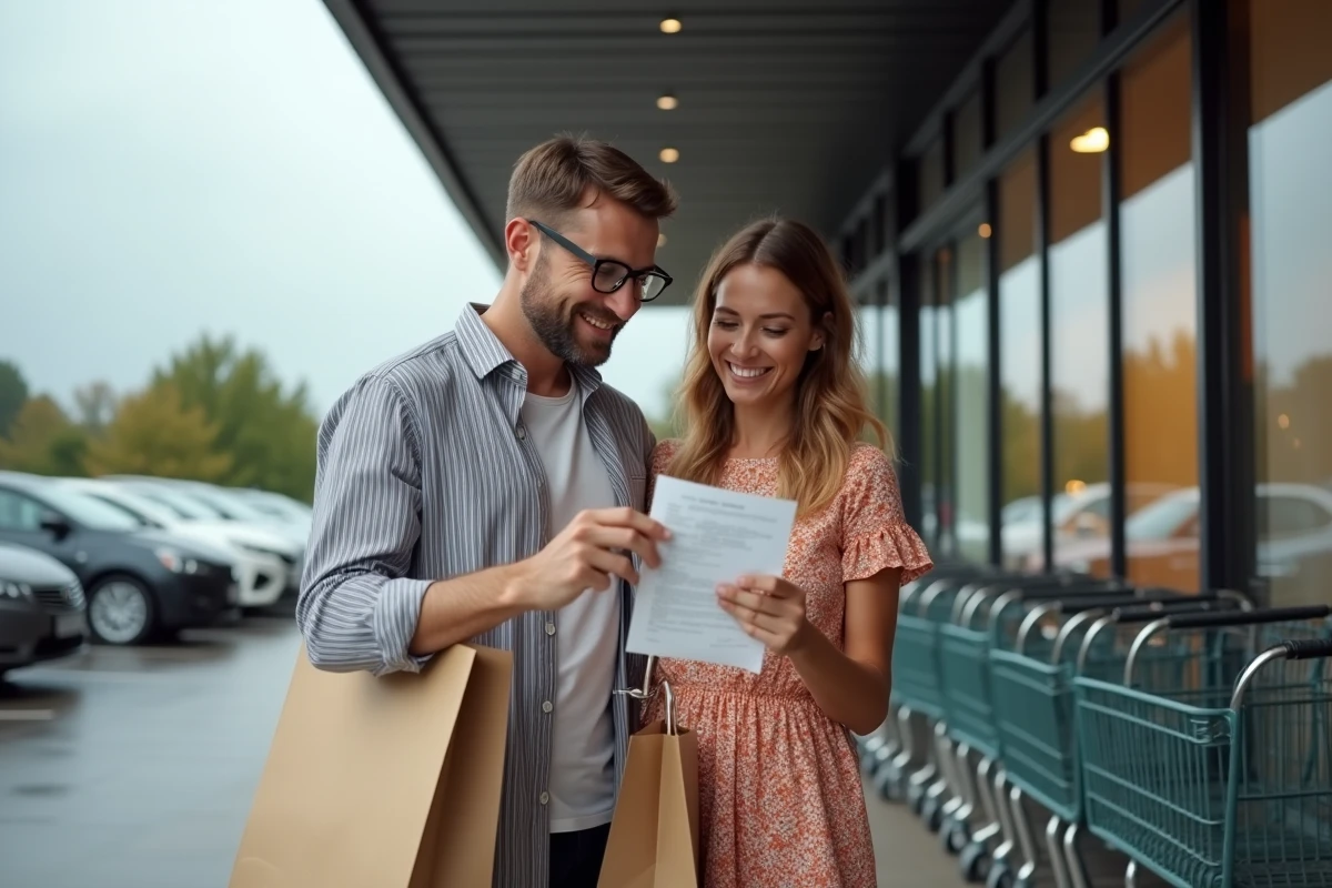Couple souriant devant l'entrée du magasin Dancharia tenant des sacs de courses et consultant leur ticket de caisse