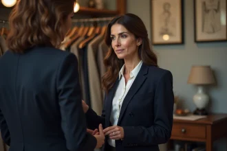 Femme élégante en tailleur bleu discutant avec un tailleur dans une boutique à Nice