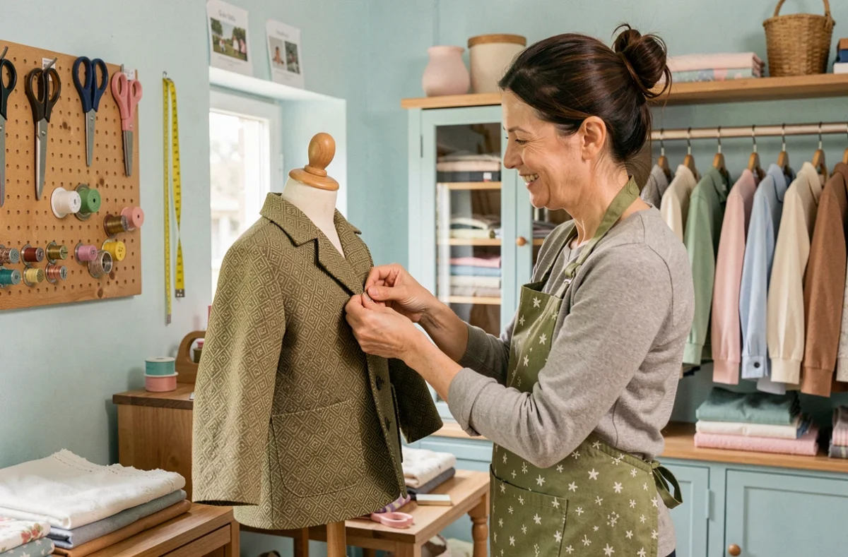 Couturière du Dé à Coudre à Saint-Étienne épinglant du tissu sur un manteau d'enfant dans une boutique aux murs bleu pâle