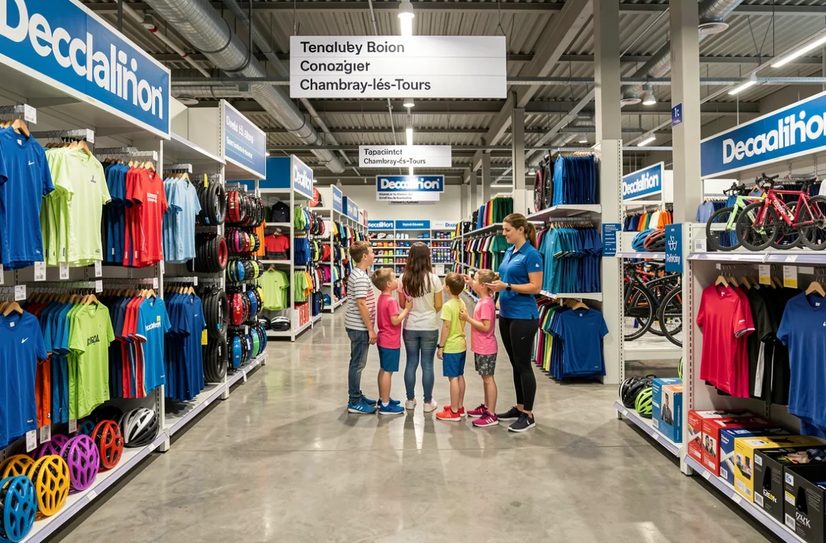 Intérieur spacieux du magasin Decathlon de Chambray-lès-Tours avec ses rayons de sport bien achalandés