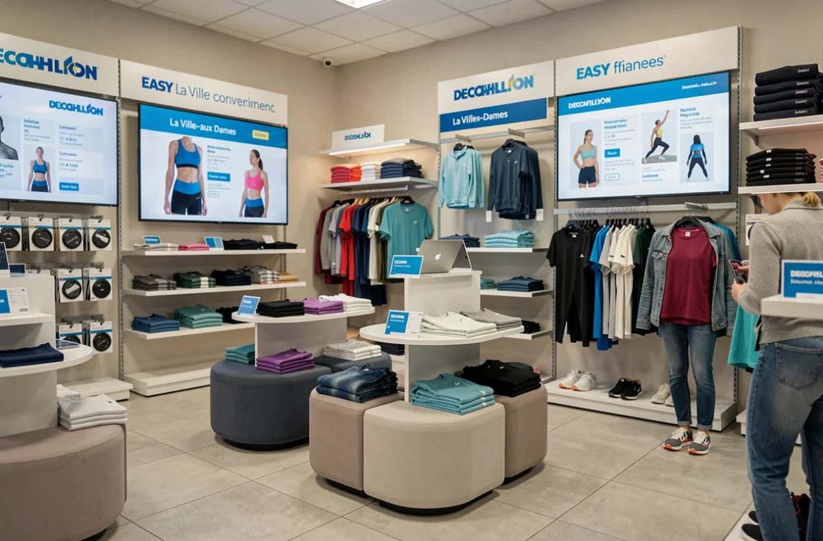 Format compact du Decathlon Easy de La Ville-aux-Dames avec une cliente consultant les rayons de fitness