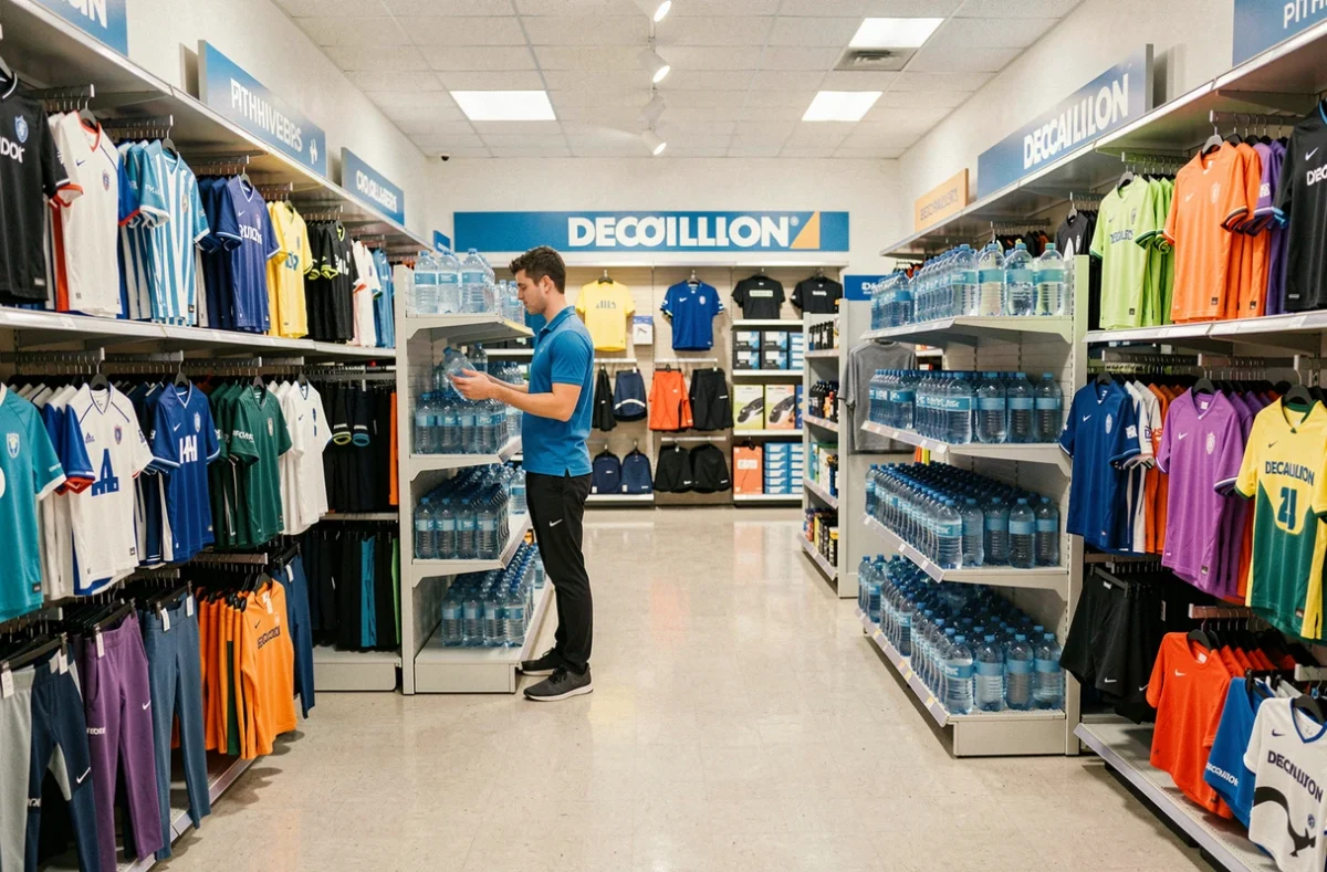 Intérieur organisé du magasin Decathlon de Pithiviers avec un employé réapprovisionnant les rayons