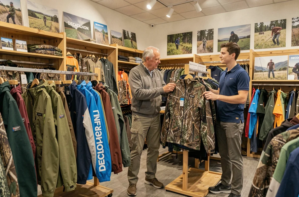 Client examinant une veste imperméable dans le magasin Decathlon de Romorantin-Lanthenay avec un vendeur disponible