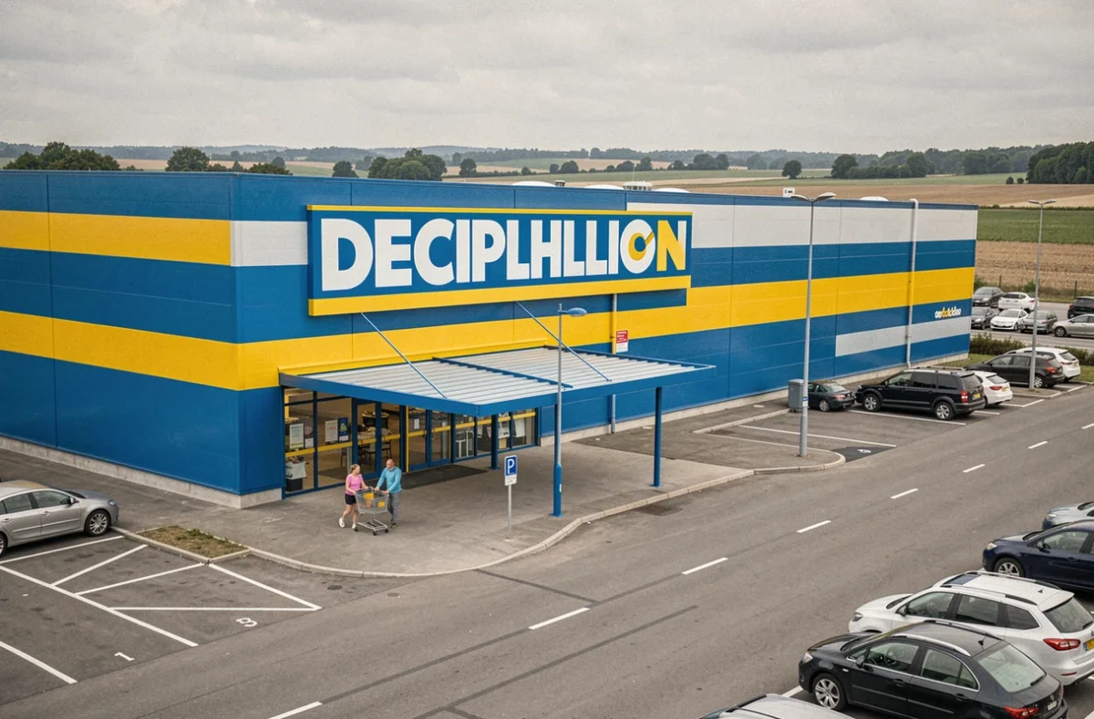 Façade extérieure du magasin Decathlon de Saint-Doulchard avec des clients se dirigeant vers l'entrée