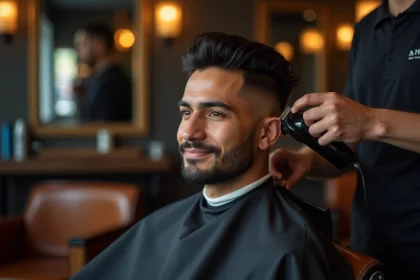 Homme hispanique en train de recevoir un dégradé espagnol chez le barbier, assis dans un fauteuil en cuir dans un salon moderne
