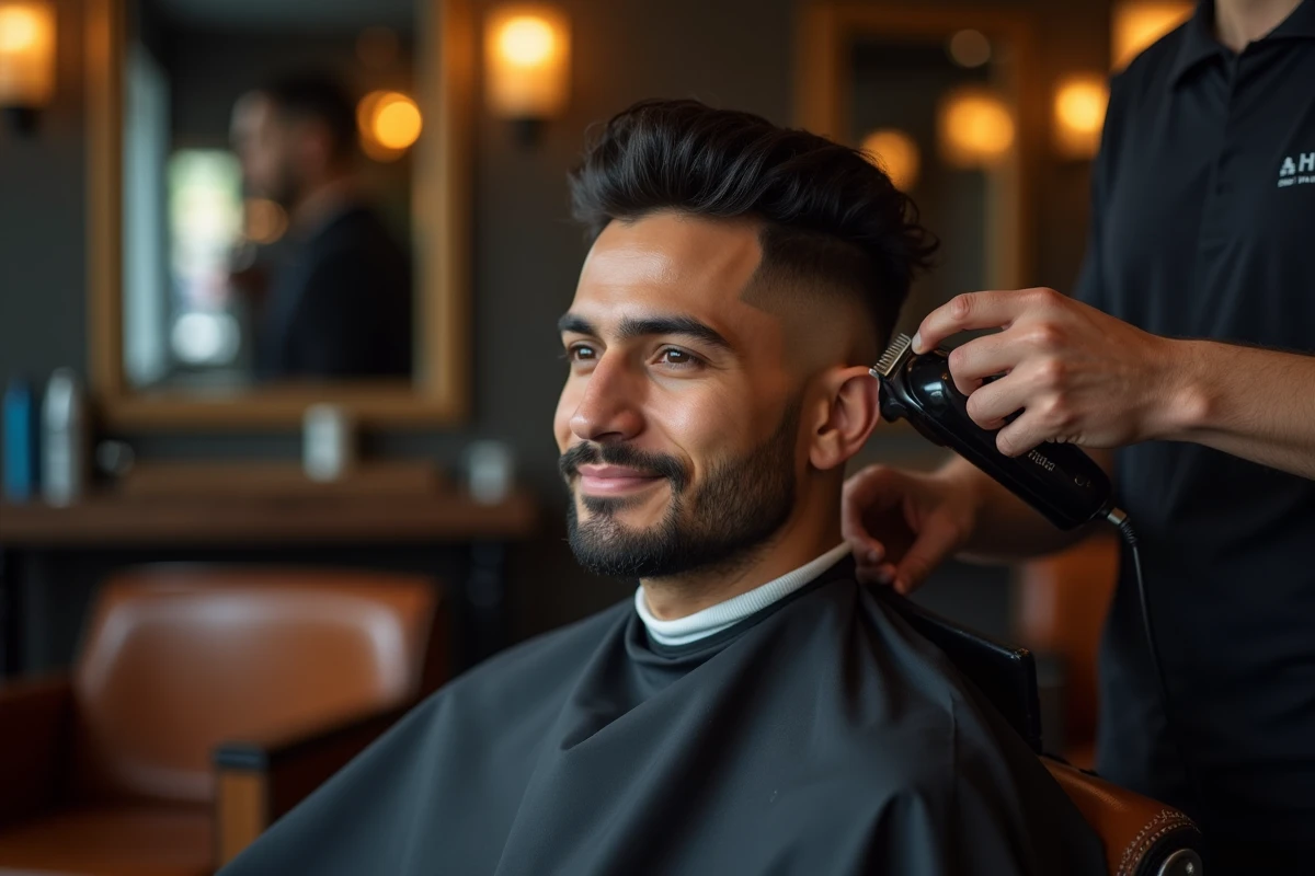 Homme hispanique en train de recevoir un dégradé espagnol chez le barbier, assis dans un fauteuil en cuir dans un salon moderne