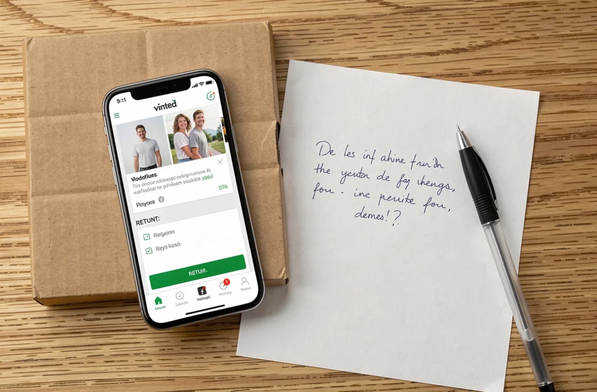 Vue de dessus d'un smartphone affichant une demande de remboursement Vinted posé à côté d'un colis retourné