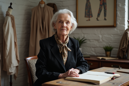 Designer mode femme âgée assise à son bureau créatif