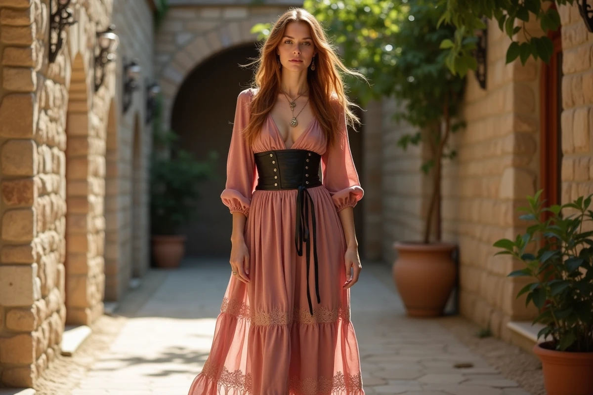 Femme portant un drapage bohème avec ceinture corset en cuir sur robe maxi en dentelle rose dans une cour méditerranéenne
