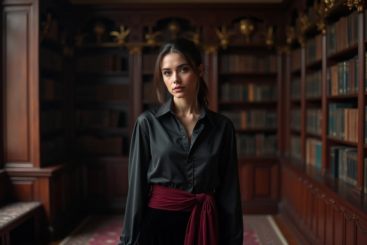 Femme en tenue gothique chic avec drapage en soie bordeaux sur jupe velours dans une bibliothèque victorienne sombre