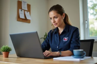 Employée La Poste mettant à jour ses coordonnées personnelles sur l'espace habillement en ligne depuis un bureau à domicile
