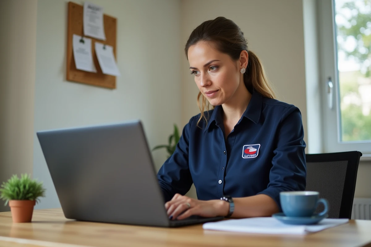 Employée La Poste mettant à jour ses coordonnées personnelles sur l'espace habillement en ligne depuis un bureau à domicile