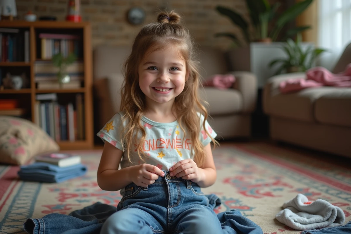 Fille de huit ans cousant ses jeans dans le salon