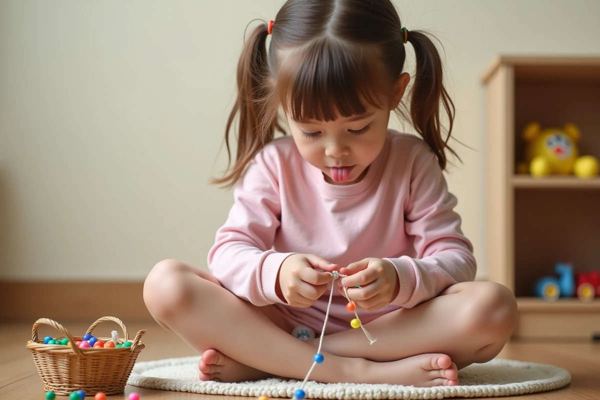 Jeune fille de 8 ans assemblant des perles colorées pour fabriquer un bracelet sur un tapis en laine dans sa chambre