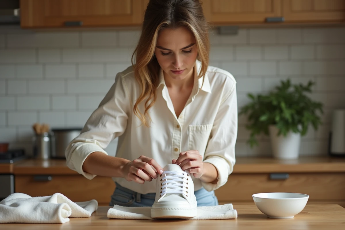Femme entretenant ses baskets françaises en toile blanche avec une brosse douce et de l'eau savonneuse dans une cuisine en bois naturel