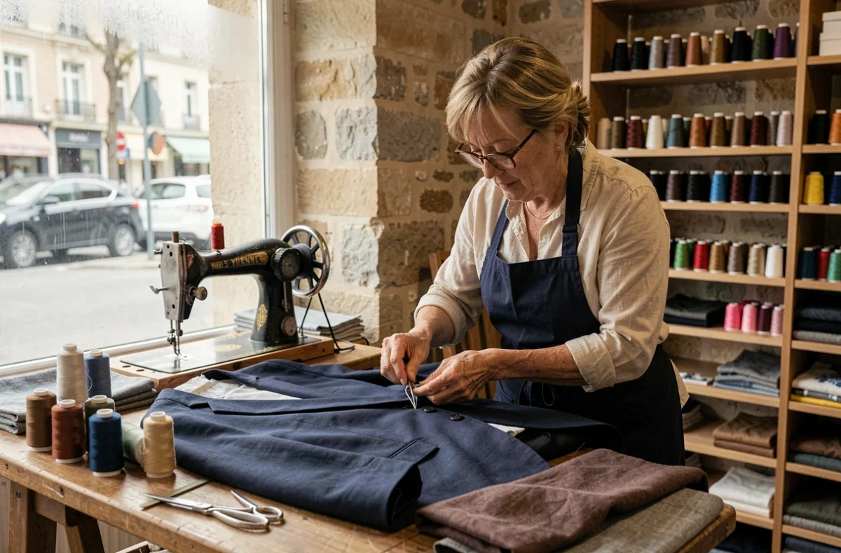 Couturière de l'Espace Retouches à Clermont-Ferrand travaillant sur un blazer avec un décousoir dans son atelier