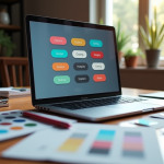 Espace de travail d'un designer avec écran affichant boutons modernes