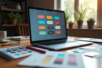 Espace de travail d'un designer avec écran affichant boutons modernes