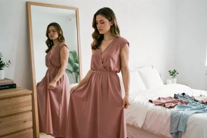 Femme essayant une robe commandée en ligne devant un miroir en pied dans une chambre scandinave