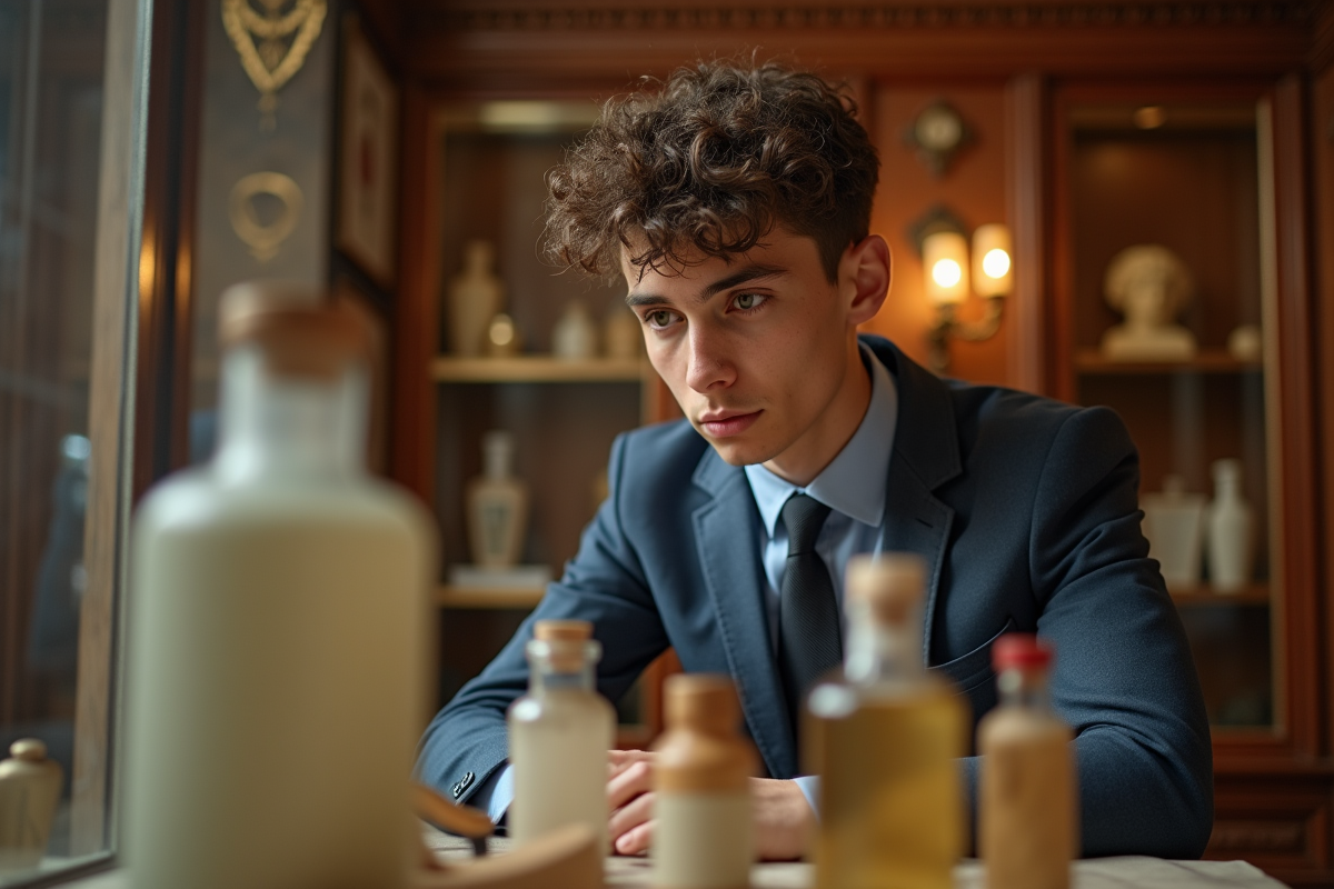 Etudiant en cosmetologie examine bouteilles anciennes