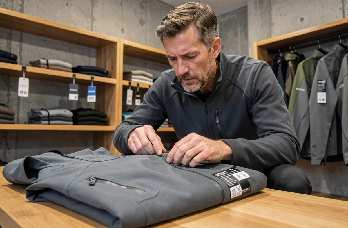 Homme examinant la qualité d'une veste de randonnée technique dans une boutique de vêtements outdoor haut de gamme