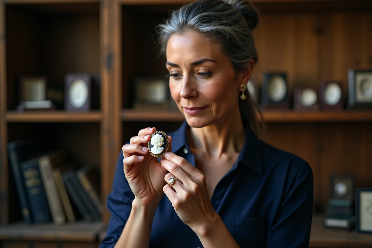 Femme experte en bijoux anciens examinant un pendentif camée ovale en coquillage sculpté dans un atelier de restauration de joaillerie antique