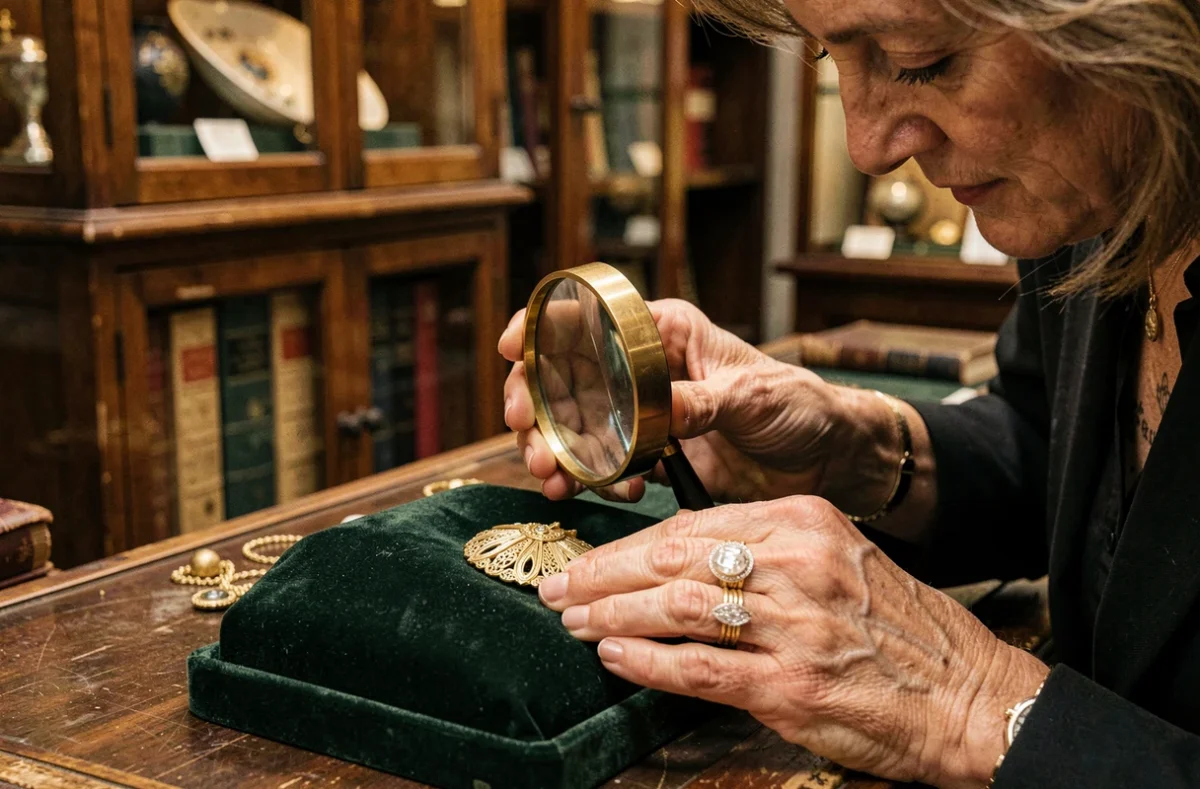 Experte en bijoux anciens examinant un poinçon or avec une loupe sur plateau de velours vert dans une boutique d'antiquités parisienne