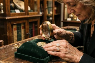 Experte en bijoux anciens examinant un poinçon or avec une loupe sur plateau de velours vert dans une boutique d'antiquités parisienne