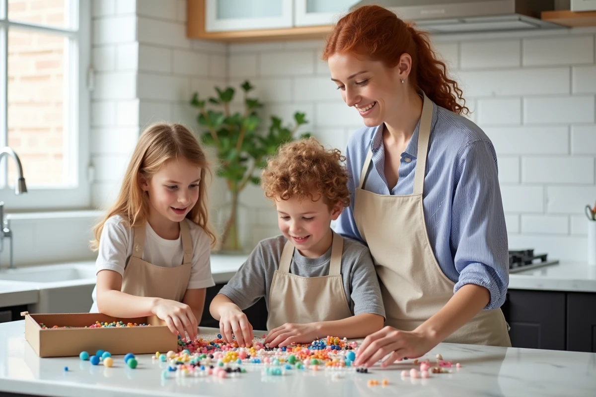 Mère et ses enfants d'âges différents choisissant ensemble des composants pour kits de bracelets sur un comptoir de cuisine moderne