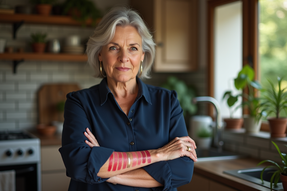Femme mature avec échantillons de lipstick dans une cuisine chaleureuse
