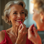 Femme élégante de 60 ans appliquant un rouge à lèvres rouge