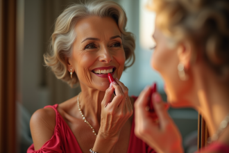 Femme élégante de 60 ans appliquant un rouge à lèvres rouge