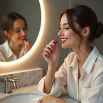 Femme appliquant un rouge à lèvres rouge dans sa salle de bain