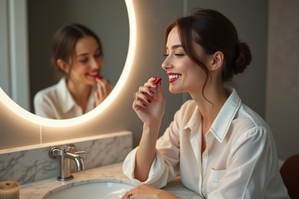 Femme appliquant un rouge à lèvres rouge dans sa salle de bain
