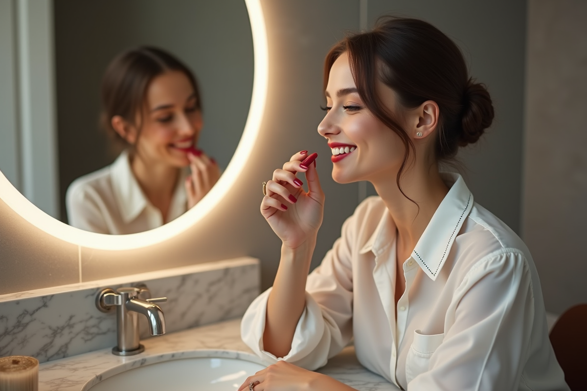 Femme appliquant un rouge à lèvres rouge dans sa salle de bain