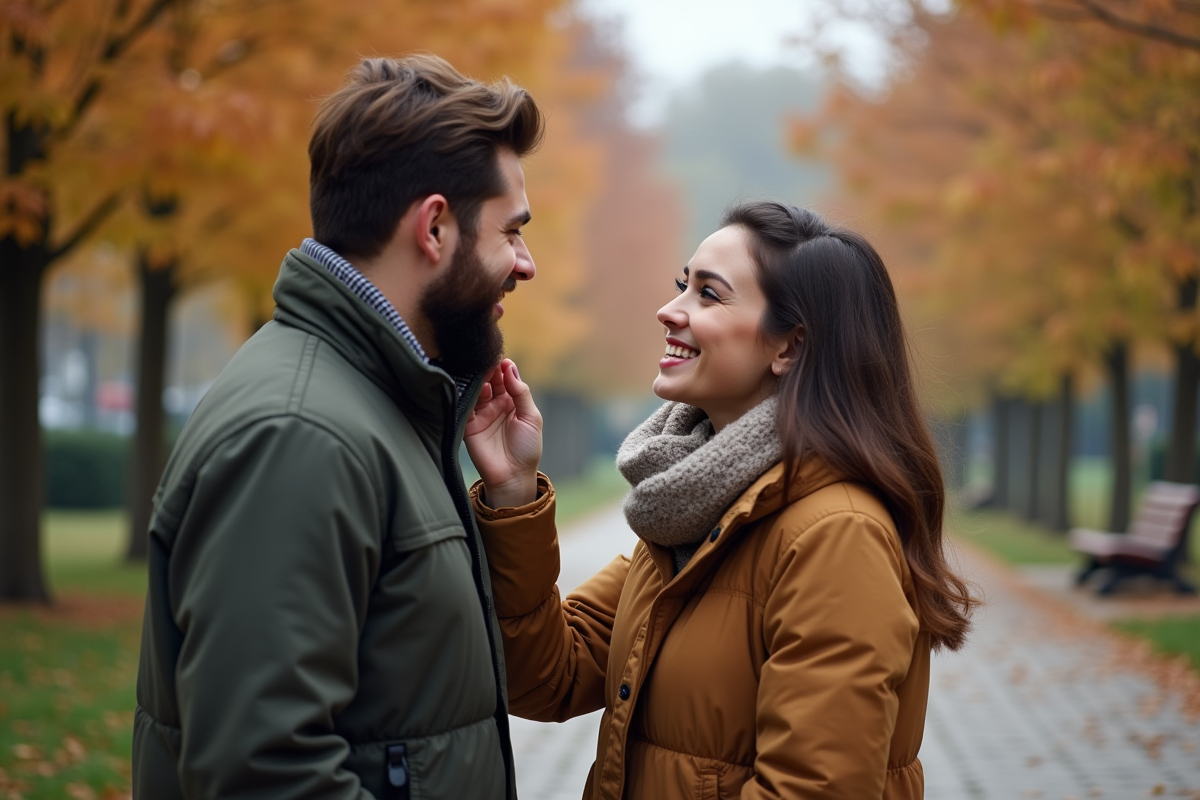 Jeune femme souriante touche la barbe de son partenaire dans un parc