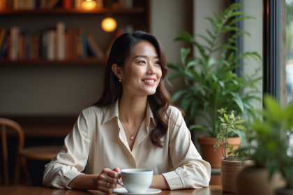 Femme élégante regardant par la fenêtre d'un café