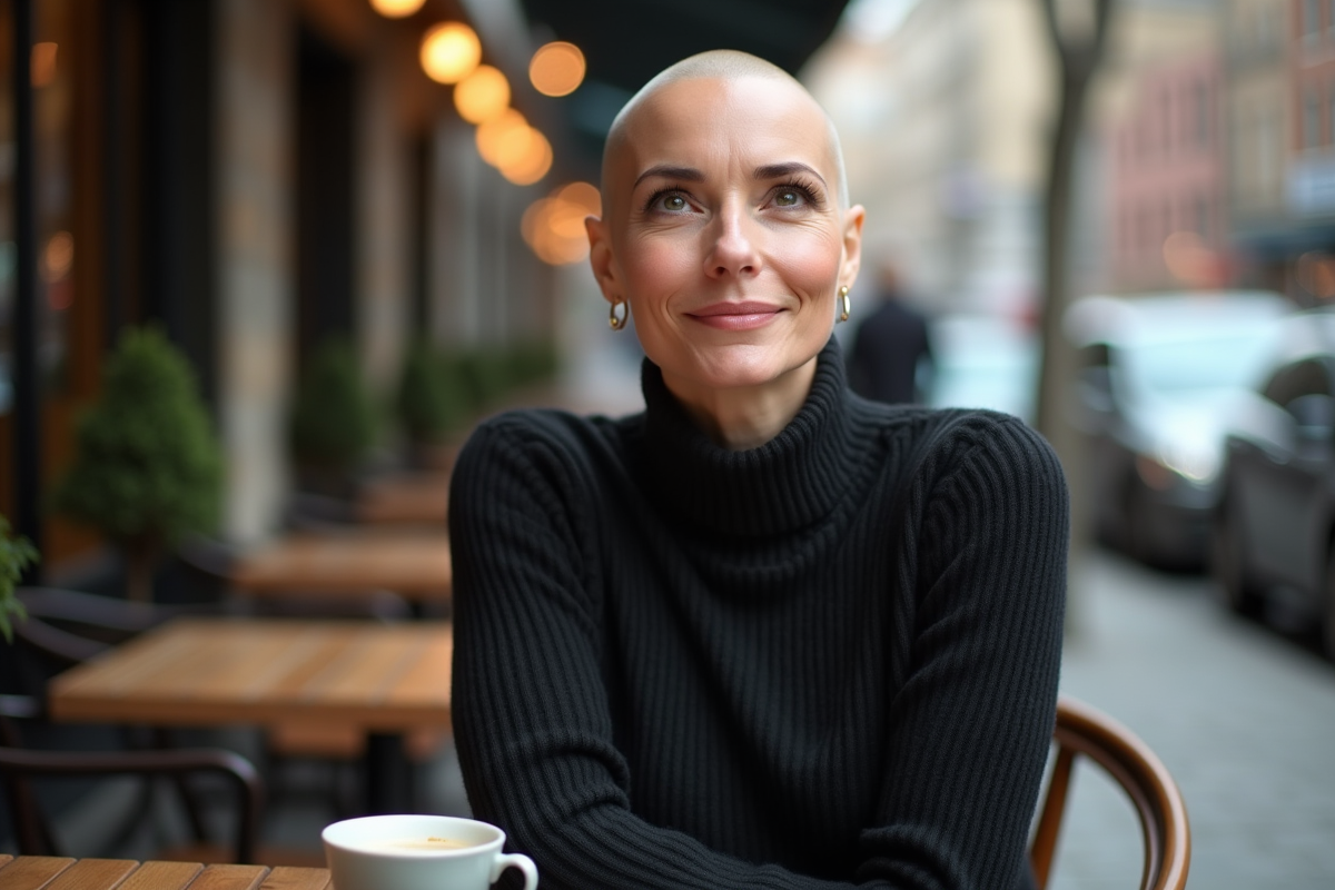 Femme chauve en pull noir sirote un café en terrasse urbaine