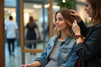 Femme en salon de beauté dans un centre commercial moderne