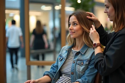 Femme en salon de beauté dans un centre commercial moderne