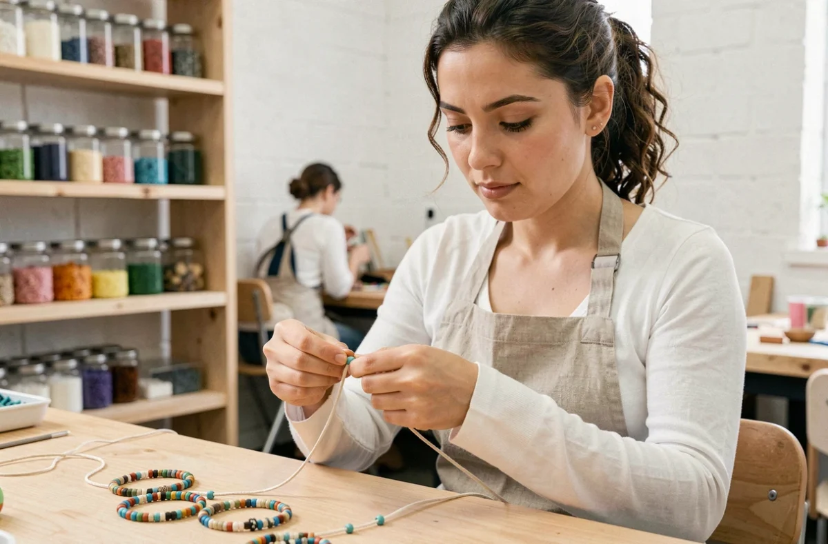 Femme créant un bracelet en enfilant des perles colorées sur un cordon en lin dans un atelier artisanal lumineux
