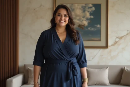 Femme plussize en robe navy élégante dans un salon raffine