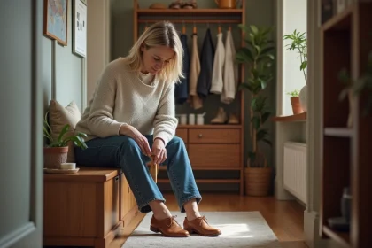Femme de 40 ans qui étire une chaussure en cuir dans un couloir cosy